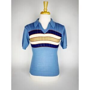 VTG King's Road Sears Short Sleeve Sweater Mens V Neck W/ Collar 70's Blue Sz M